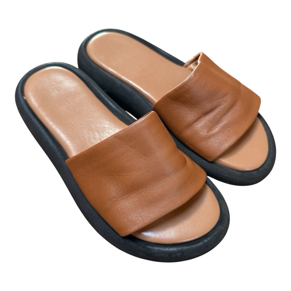 Free People Wren Leather Slide Sandals Womens Sz 7 Tan Square Toe Comfort Padded